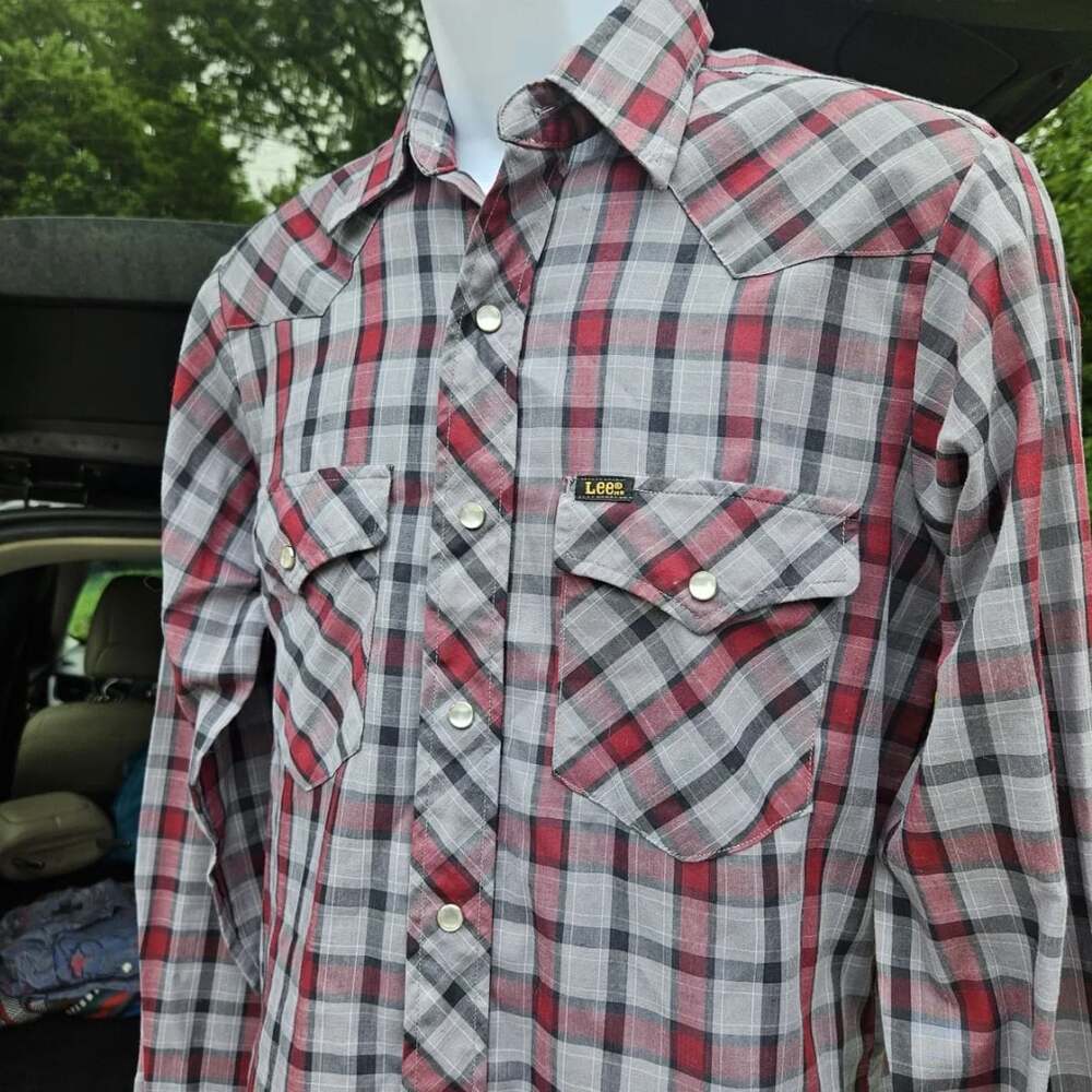 Vintage Lee Authentic Western Shirt Red Gray Plaid Pearl Snap Long Sleeve Small